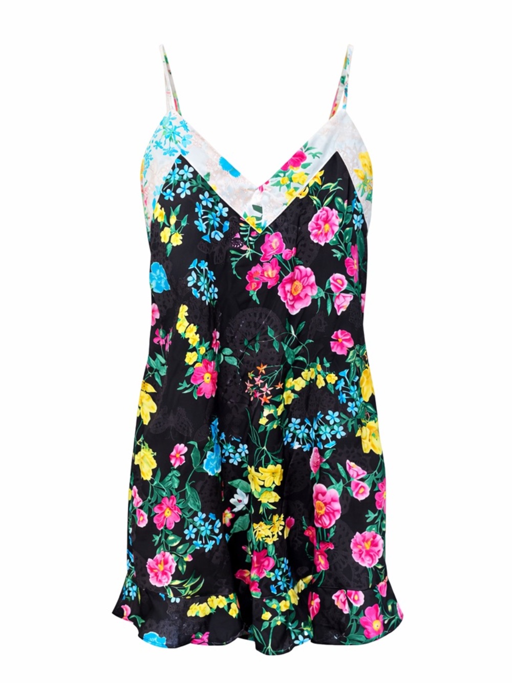 Betsey Johnson Floral Camisole Black Multicolor Lace Trim Ruffle Hem Small